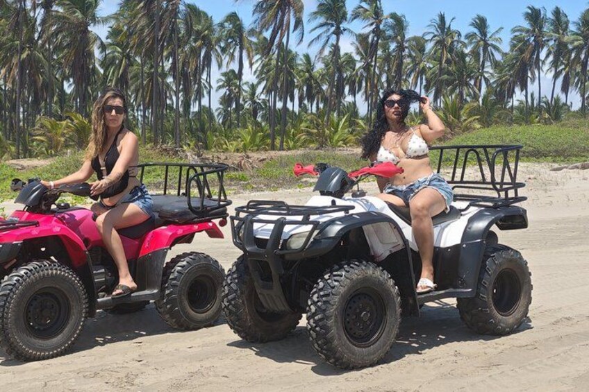 Dos personas en vehículos todo terreno sobre una playa arenosa, con palmeras al fondo. 1