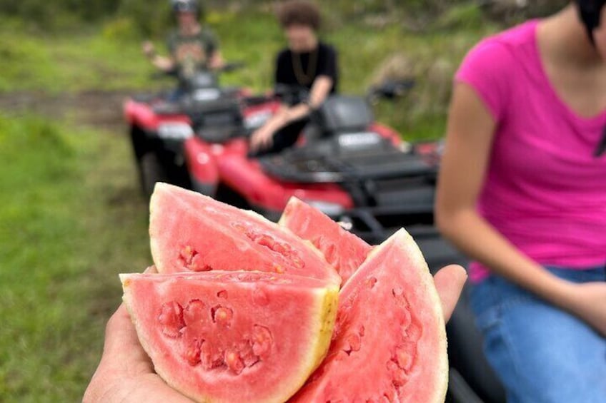 A person holding a halved watermelon with seeds visible. In the background, there is a red ATV and a person sitting on it. 2