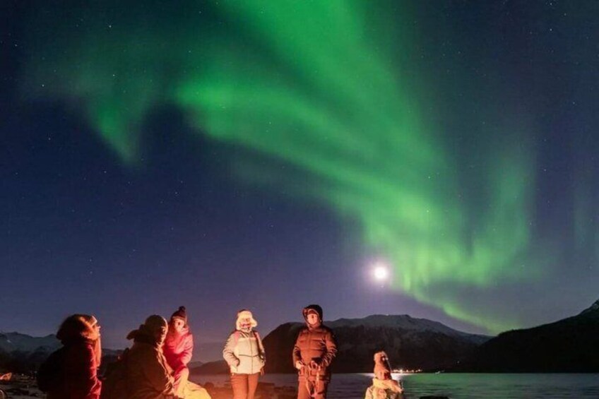 A group of people standing by a lake at night, with the aurora borealis in the sky. 3