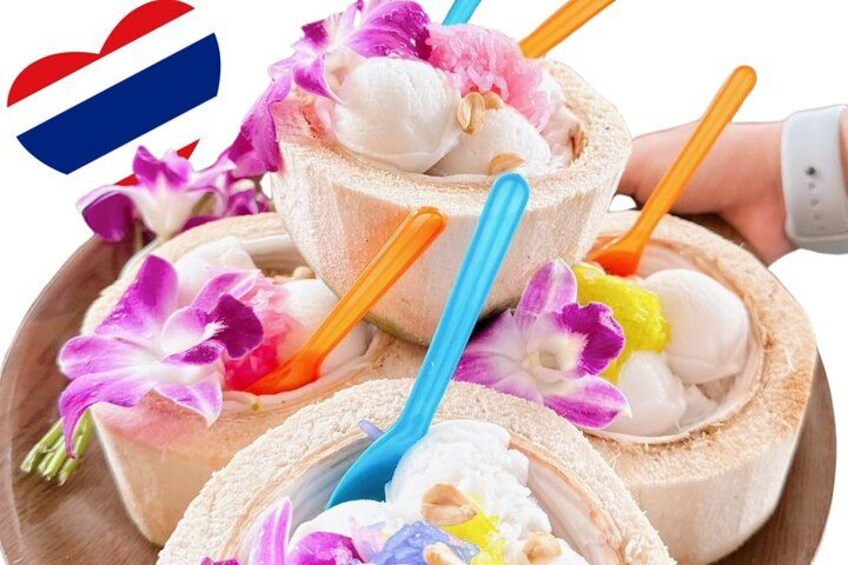 Bowls of ice cream with colorful flowers and spoons. 5