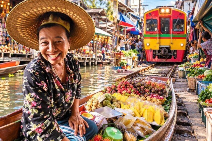 A woman in a boat with a large hat, surrounded by market stalls and a train in the background. 2