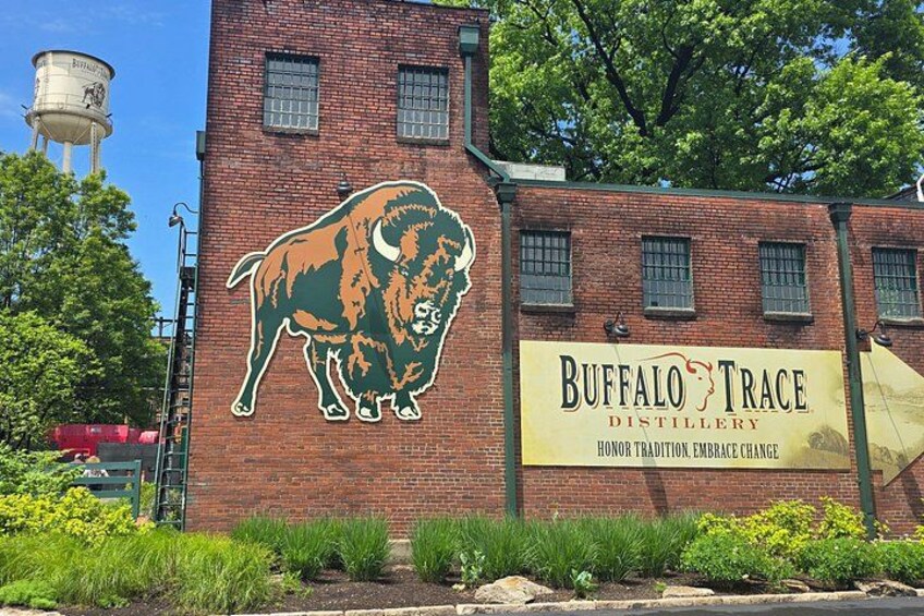 Edificio de ladrillo con un mural de búfalo y un letrero que anuncia la destilería Buffalo Trace. 1