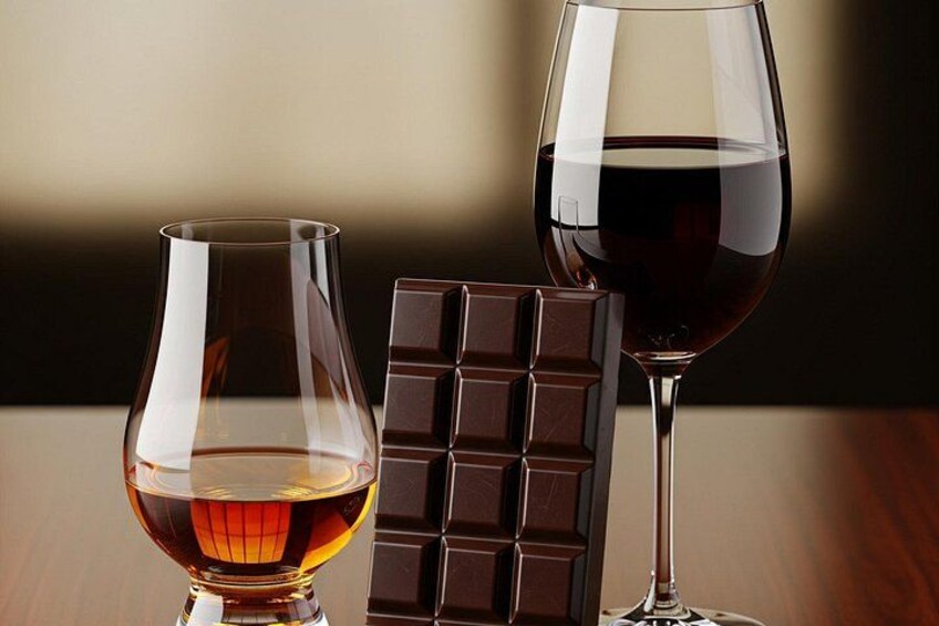 Et glas whisky, et glas rødvin og en chokoladebar. 2
