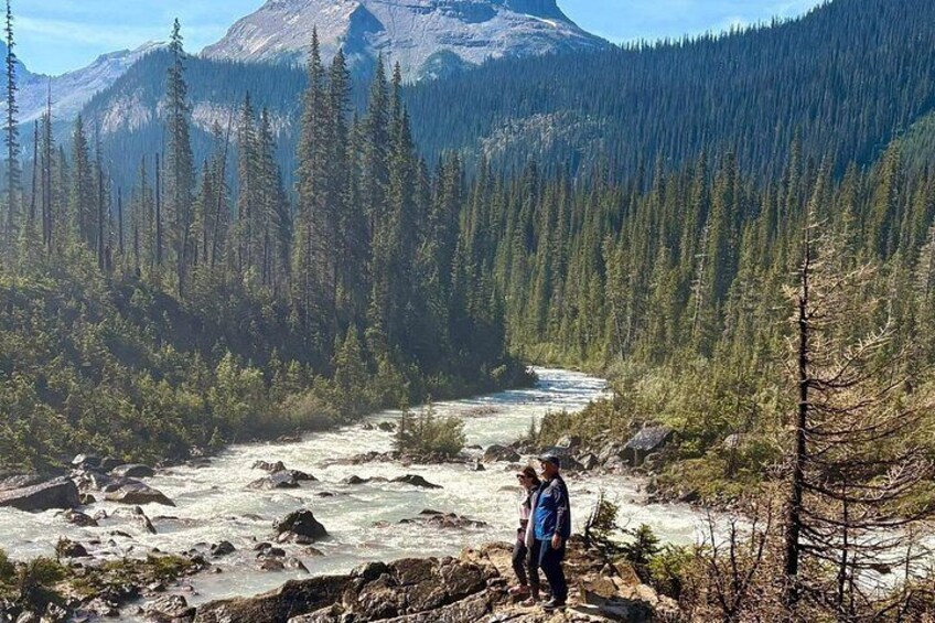 A person standing by a river in a forested mountainous area. 2