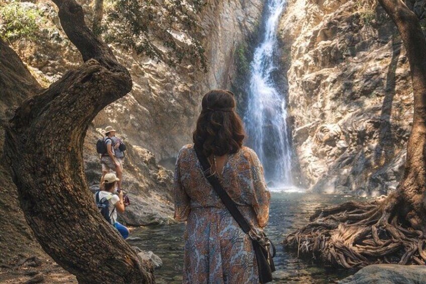 Een waterval, een persoon in een jurk met dessin, en een boom met blootliggende wortels. 1