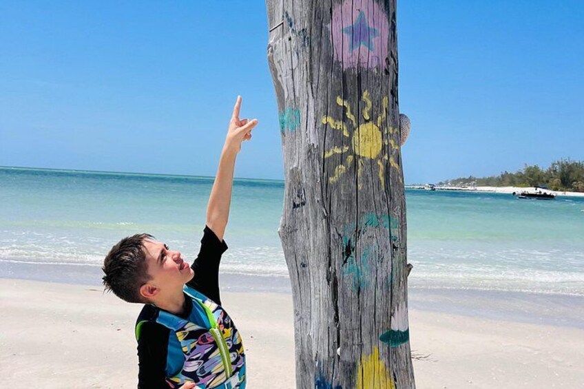 Een persoon wijst naar een boom met kleurrijke graffiti aan het strand. 3