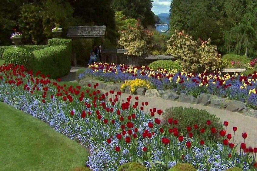 A garden with red and yellow flowers, a wooden bench, and a pathway. 5