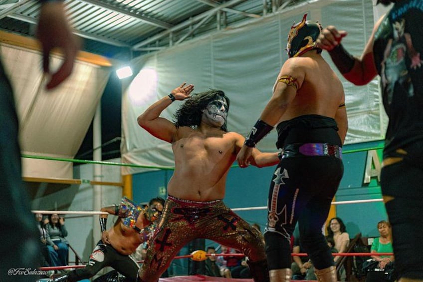 A wrestling match with two wrestlers in a ring, surrounded by an audience. 3