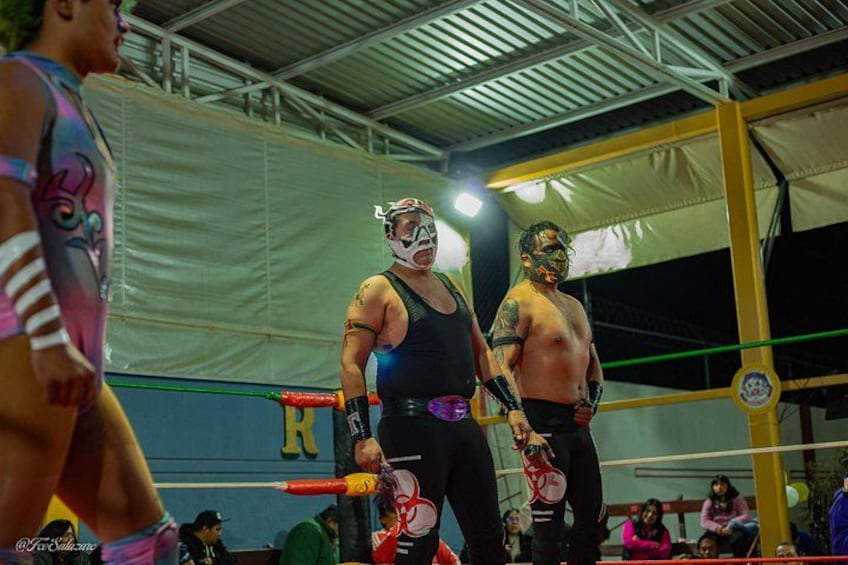 A wrestling ring with two wrestlers in masks and gloves, a referee, and spectators. 4
