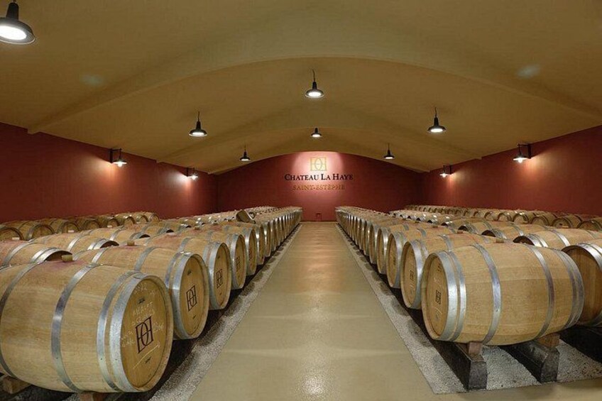 A wine cellar with rows of wooden barrels and a sign that reads 'Chateau La Haye.' 4