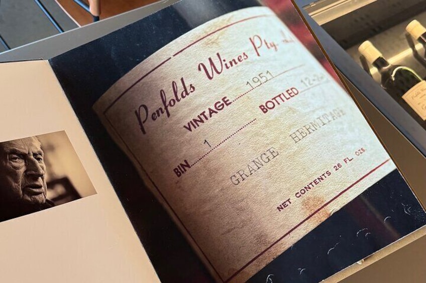 A vintage wine label with the text 'Penfolds Wines Pty Ltd Vintage 1951 Bottled 12.5% Orange Hermitage'. 5
