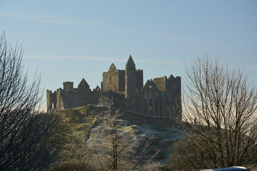 A historic castle with multiple towers and walls, surrounded by leafless trees and a clear sky. 1