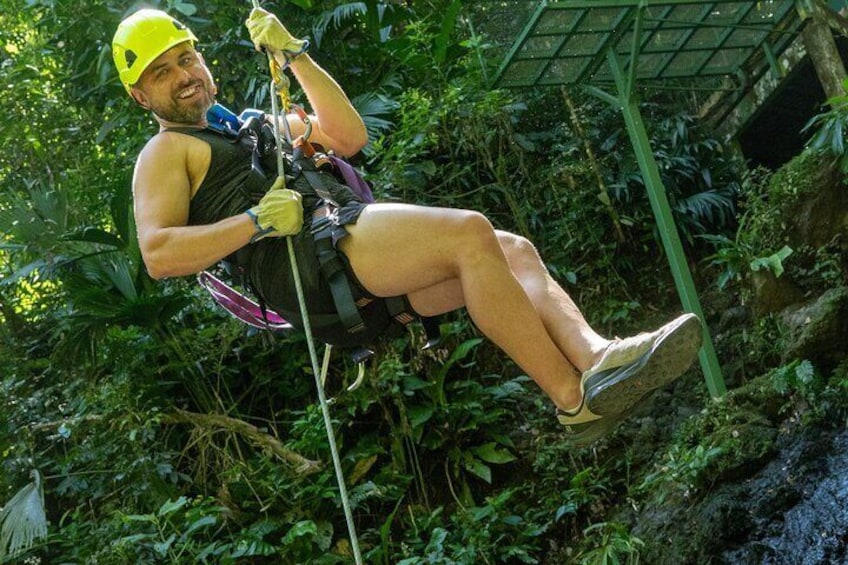A person zip-lining through a lush, green forest. 5