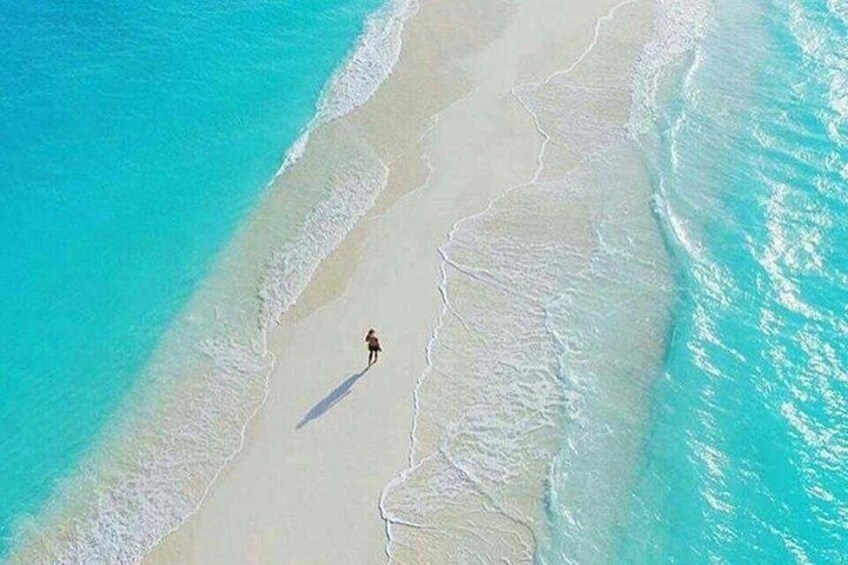 Una playa con una persona caminando por la orilla. 3