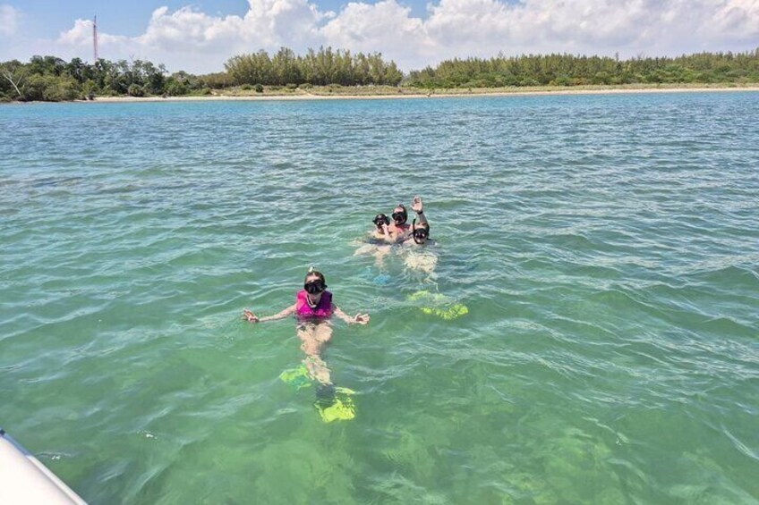 Three people snorkeling in clear blue water with a beach and trees in the background. 5