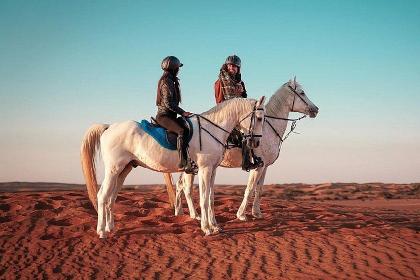 Two people riding horses in a desert landscape. 1