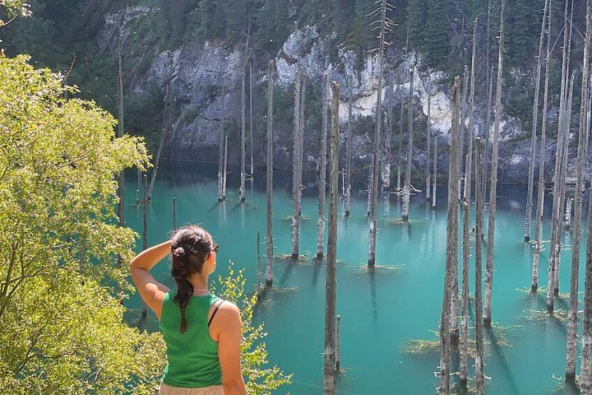 A person overlooking a forest with dead trees in a turquoise lake. 1