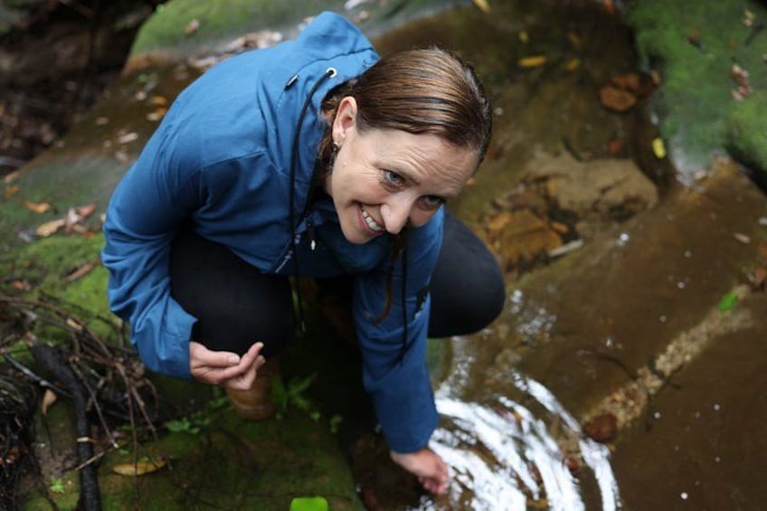 A person crouching near a stream with water flowing over rocks. 2