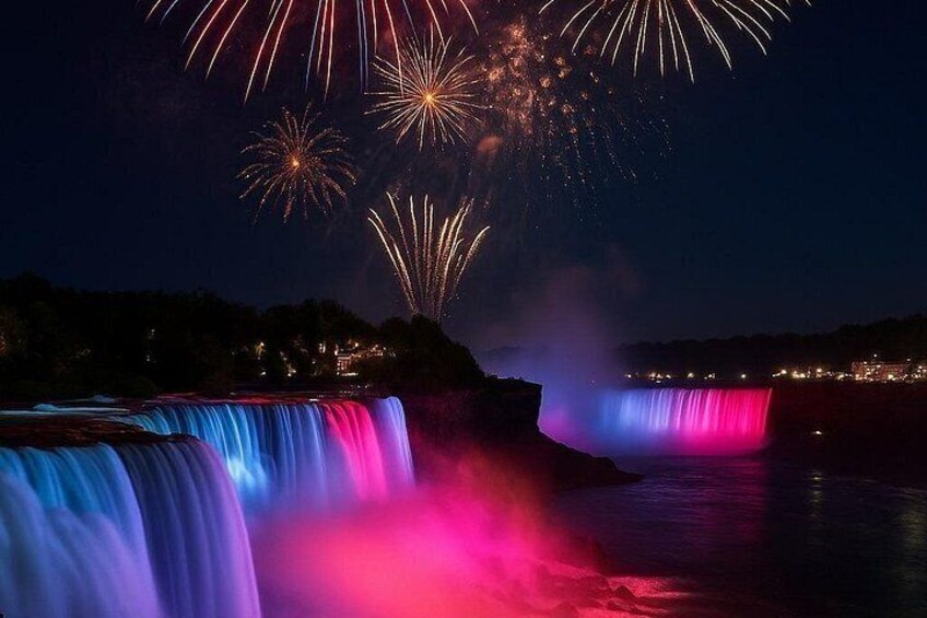 Ein Wasserfall mit bunten Lichtern und Feuerwerk im Hintergrund. 3