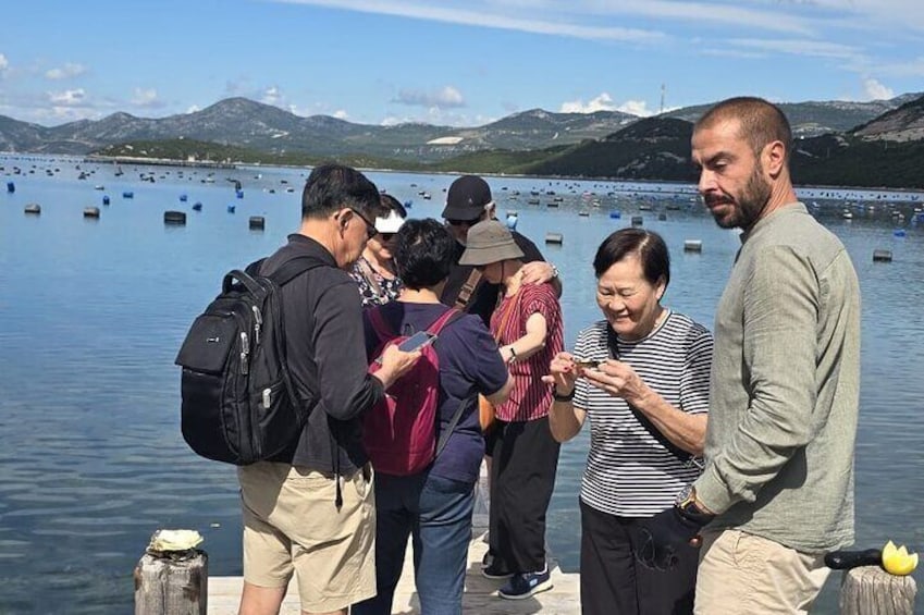 A group of people standing on a dock by a calm lake with mountains in the background. 5