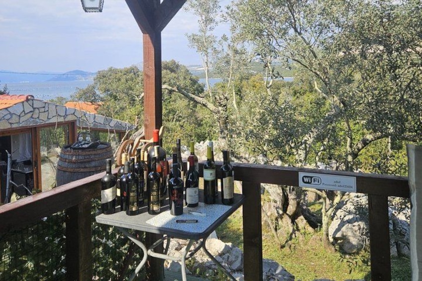 A wine tasting area with bottles on a table, a wooden fence, and a scenic view of trees and a body of water in the background. 4