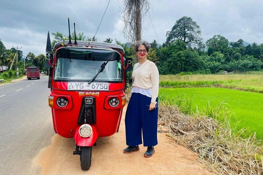 A red auto-rickshaw parked on a rural road with a person standing beside it. 2