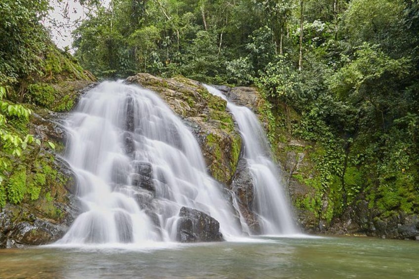 A waterfall cascading over rocks in a forested area. 4