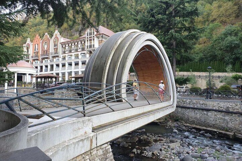 A pedestrian bridge over a river with a unique arch design, surrounded by trees and a building in the background. 4