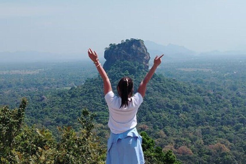 A person standing on a hill with arms raised, overlooking a forested valley and a prominent rock formation. 2