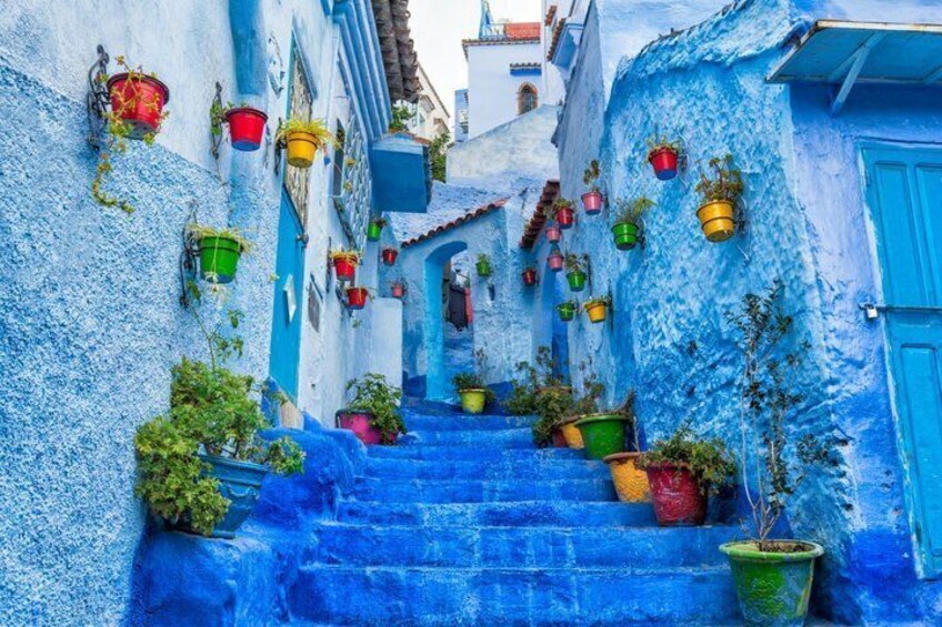 A narrow alley with blue-painted steps, potted plants, and a blue door. 3