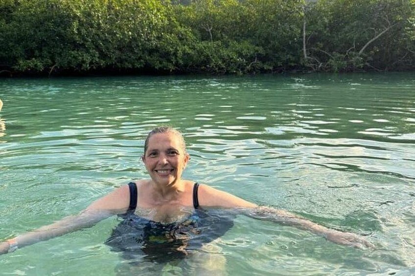 A person swimming in a body of water with trees in the background. 5