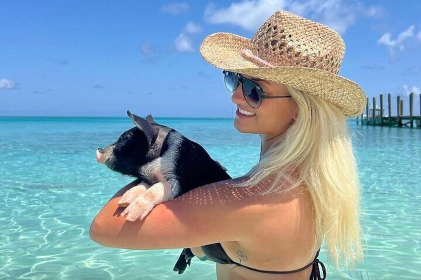 A person holding a dog by a clear blue sea with a wooden pier in the background. 1