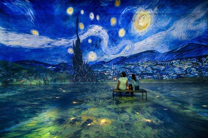 A painting of a night scene with a starry sky, a large tree, and two figures sitting on a bench. 3