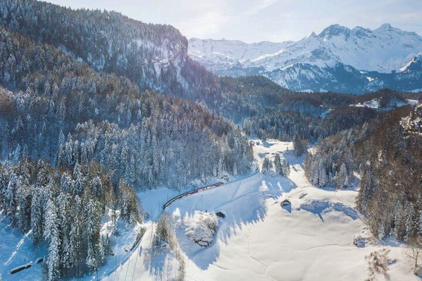 Un valle cubierto de nieve con una vía de tren, un bosque denso y montañas al fondo. 3