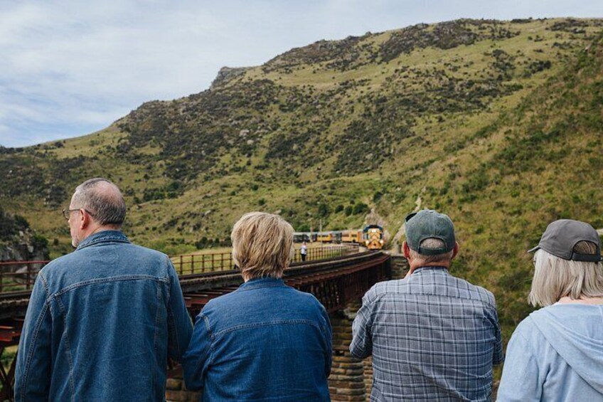 A group of people observing a train passing over a bridge in a hilly landscape. 1