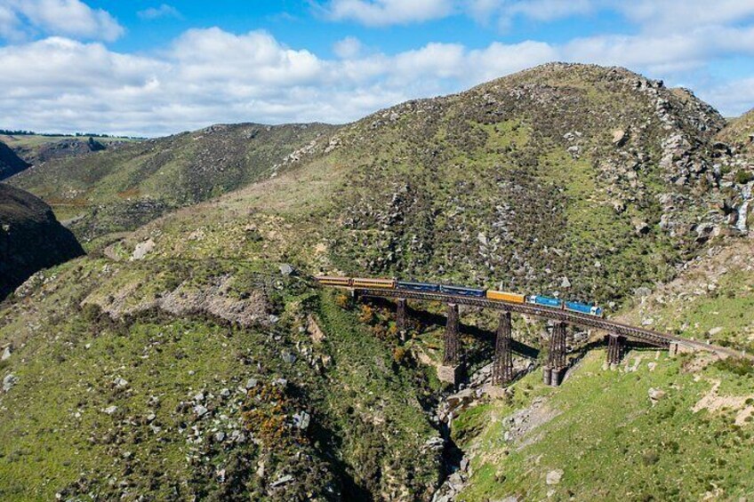 A train on a bridge over a valley with mountains in the background. 3