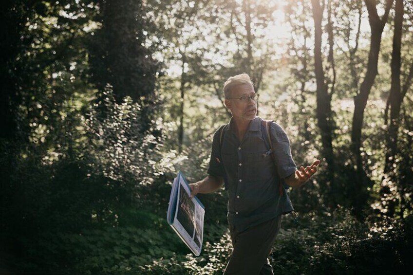 A man walking in a forest holding a map. 5
