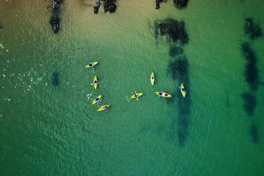 Vue aérienne d’une zone côtière où l’on aperçoit des kayaks et des personnes pagayant dans l’eau. 2