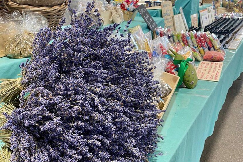 A market stall with lavender and other items. 4