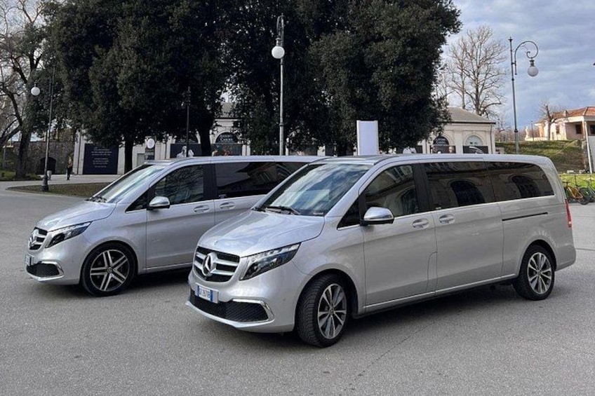 Two silver Mercedes-Benz vans parked on a paved surface with trees and a building in the background. 1