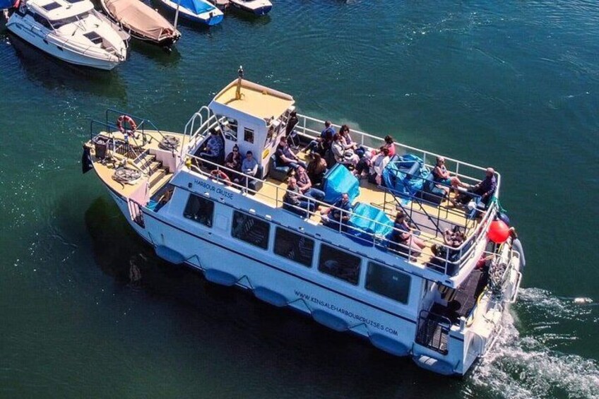 A white boat with a blue canopy and passengers, docked at a marina. 3