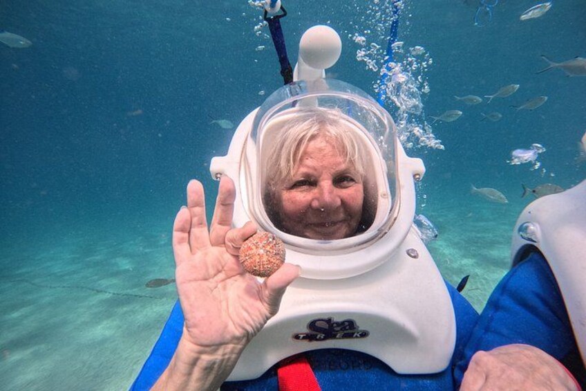 A person in a diving helmet underwater with fish in the background. 4