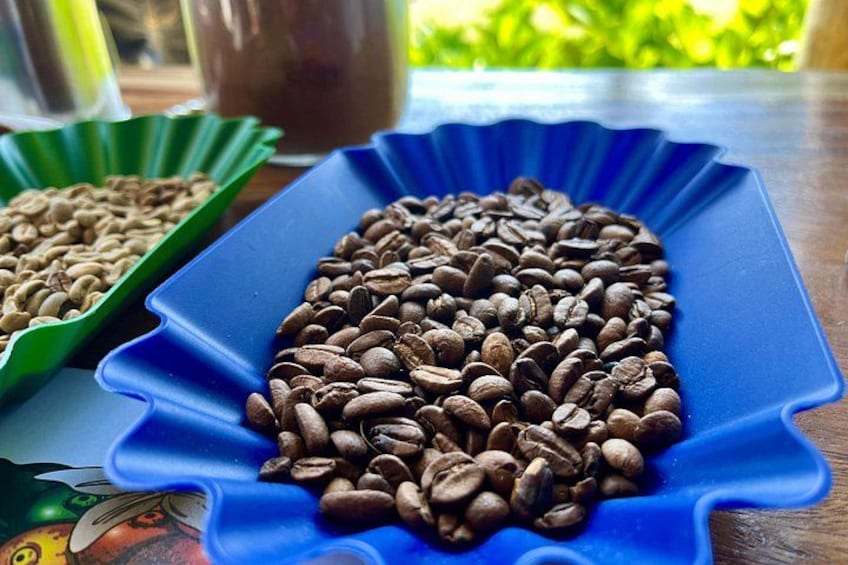 A blue tray filled with coffee beans. 1