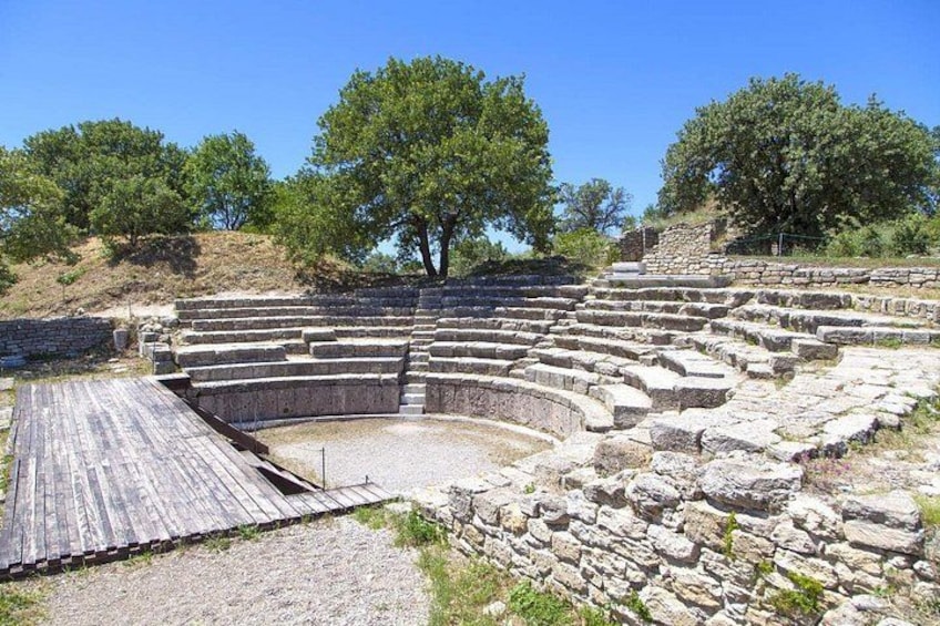 Ancient stone ruins with a circular amphitheater, surrounded by trees and a clear sky. 3