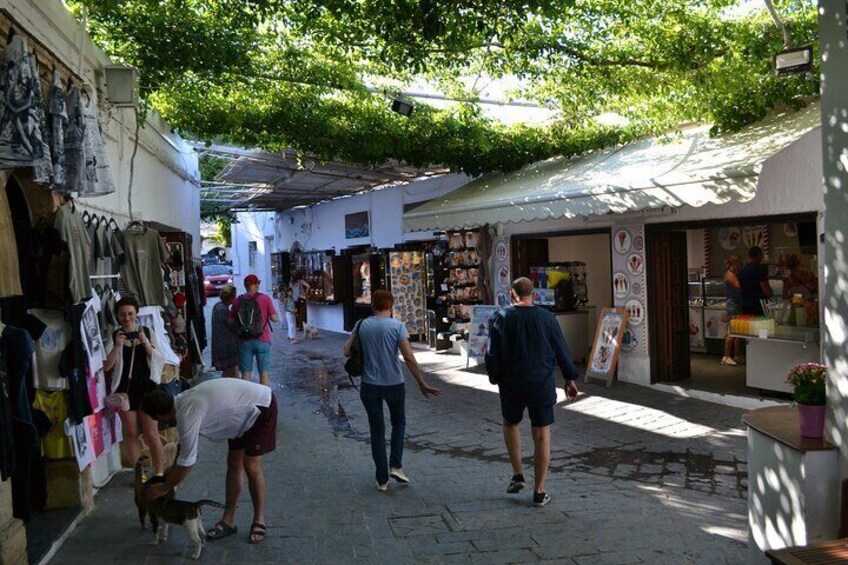 A narrow street with shops and people walking. 3
