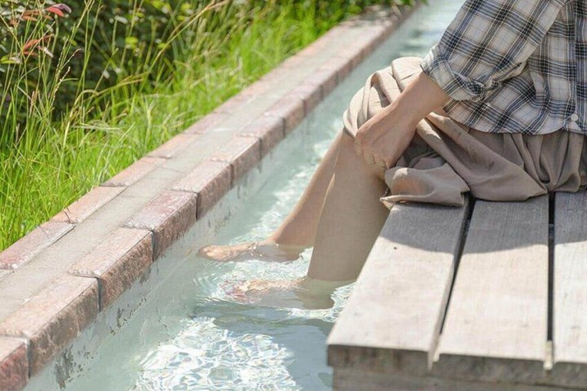 Una persona sentada junto a una piscina con agua, césped y un banco de madera. 3