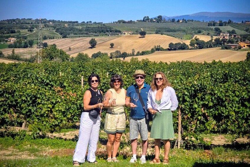 A group of people standing in a vineyard with rows of grapevines and rolling hills in the background. 2