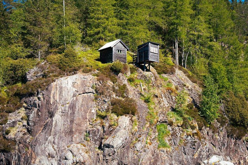 A wooden cabin on a rocky hill with dense forest in the background. 2