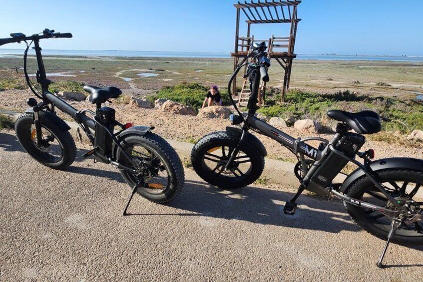 Two electric bikes parked on a gravel path with a wooden structure and a view of a coastal landscape in the background. 2