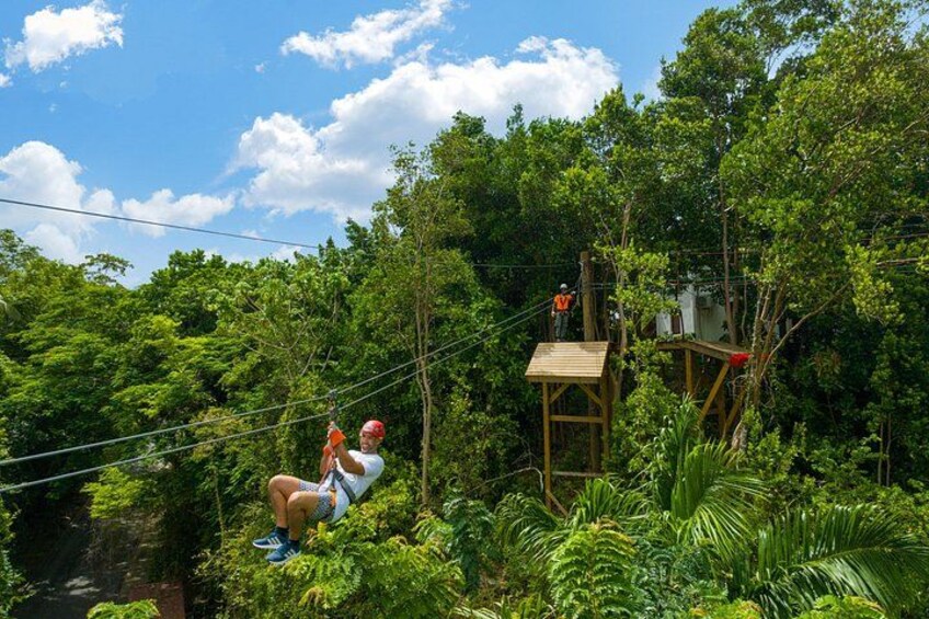 Una persona haciendo tirolesa por un bosque, con una plataforma de madera y otra persona en una plataforma más alta. 1